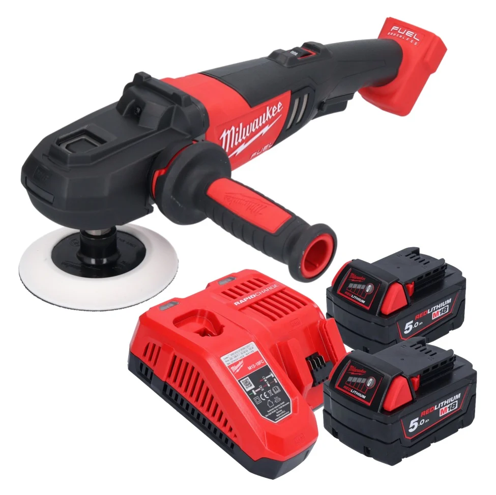 Pulidora baterí Milwaukee M18 FAP180-502 18 V 180 mm sin escobillas + 2x baterías 5,0 Ah + cargador