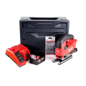 Sierra de calar Milwaukee M18 FJS-501M 18V sin escobillas + 1x baterí 5.0Ah + cargador + 5x hojas de sierra de calar + M-Box