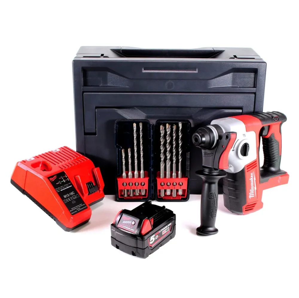 Taladro percutor baterí Milwaukee M18 BH-501M 18V 1.2J SDS-plus + 1x baterí 5.0Ah + cargador + 8 piezas. Juego de brocas +...