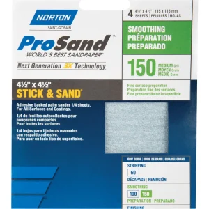 Hoja de lija de óxido de aluminio Norton ProSand de 4-1/2 pulg. de largo x 4-1/2 pulg. de ancho, grano 150, paquete de 4 -...