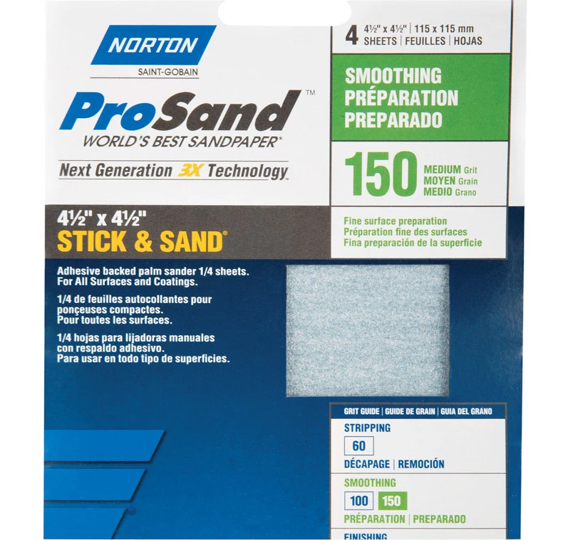 Hoja de lija de óxido de aluminio Norton ProSand de 4-1/2 pulg. de largo x 4-1/2 pulg. de ancho, grano 150, paquete de 4 -...