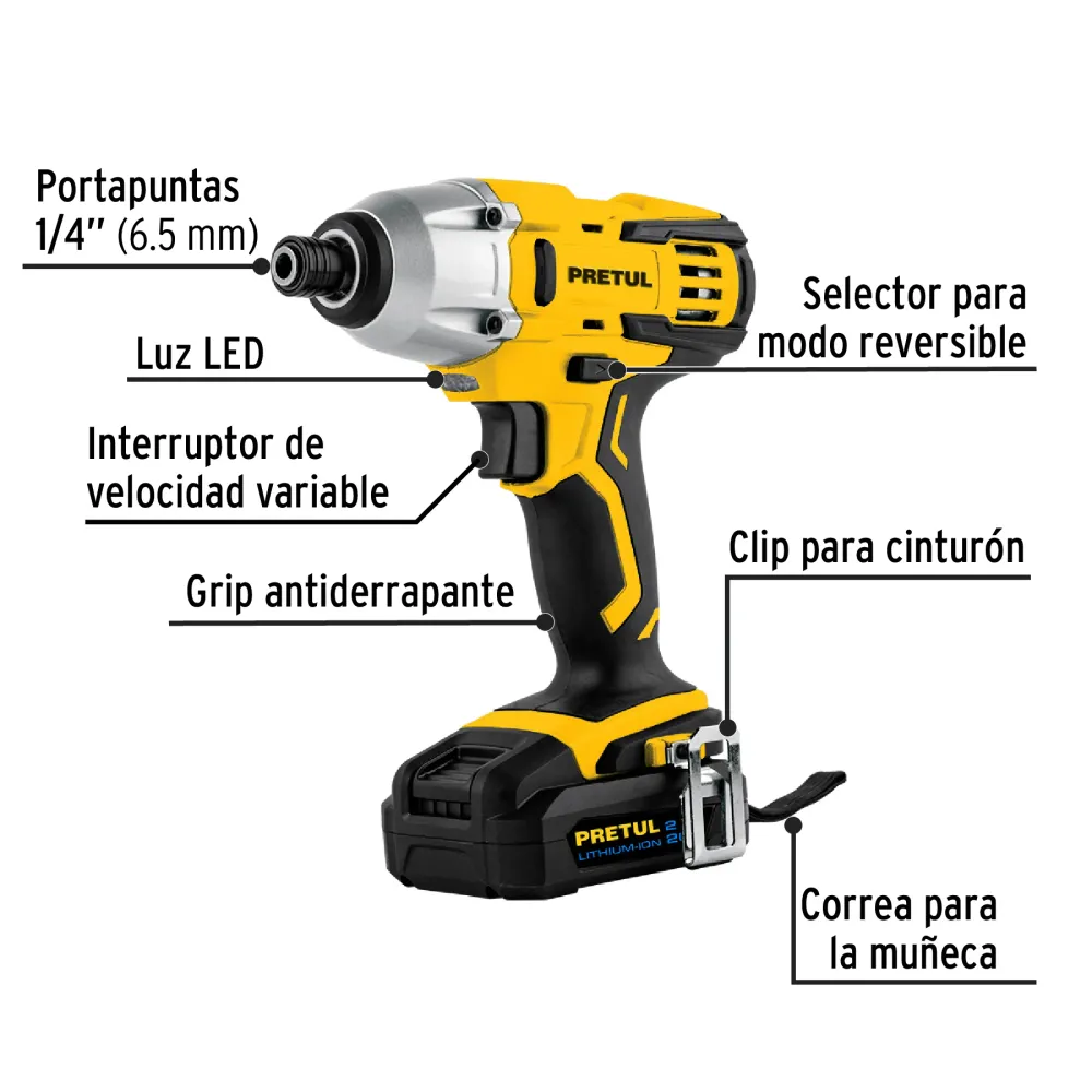 Destornillador de impacto inalámbrico 1/4", 20V, 1 baterí 2Ah, Pretul