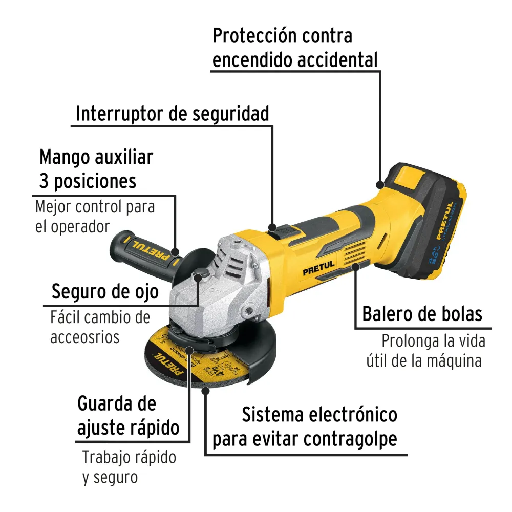 Esmeriladora 4-1/2", 20V, 1 baterí 4Ah, Pretul