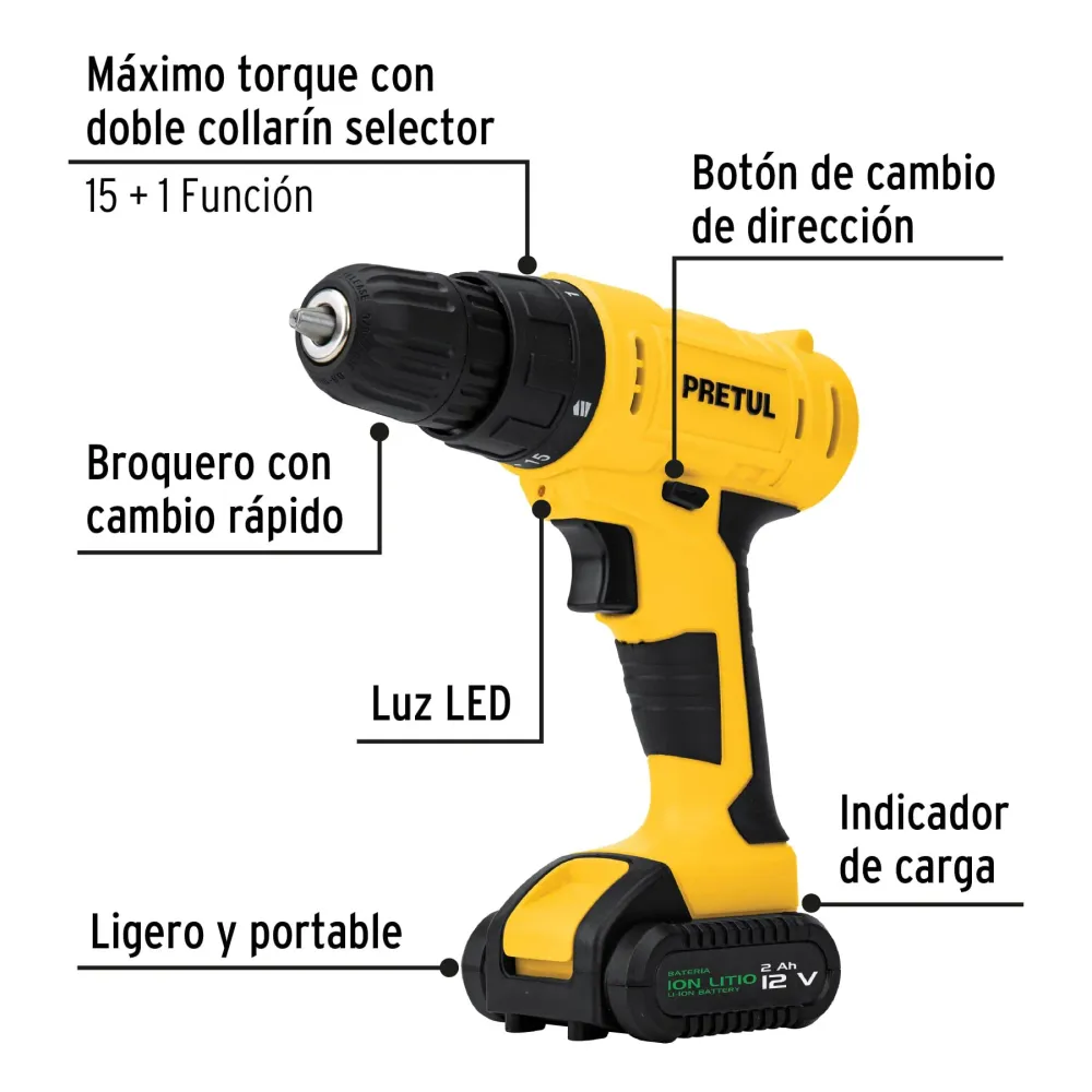 Kit taladro inalámbrico 3/8", 12V, 33 accesorios, en estuche, Pretul