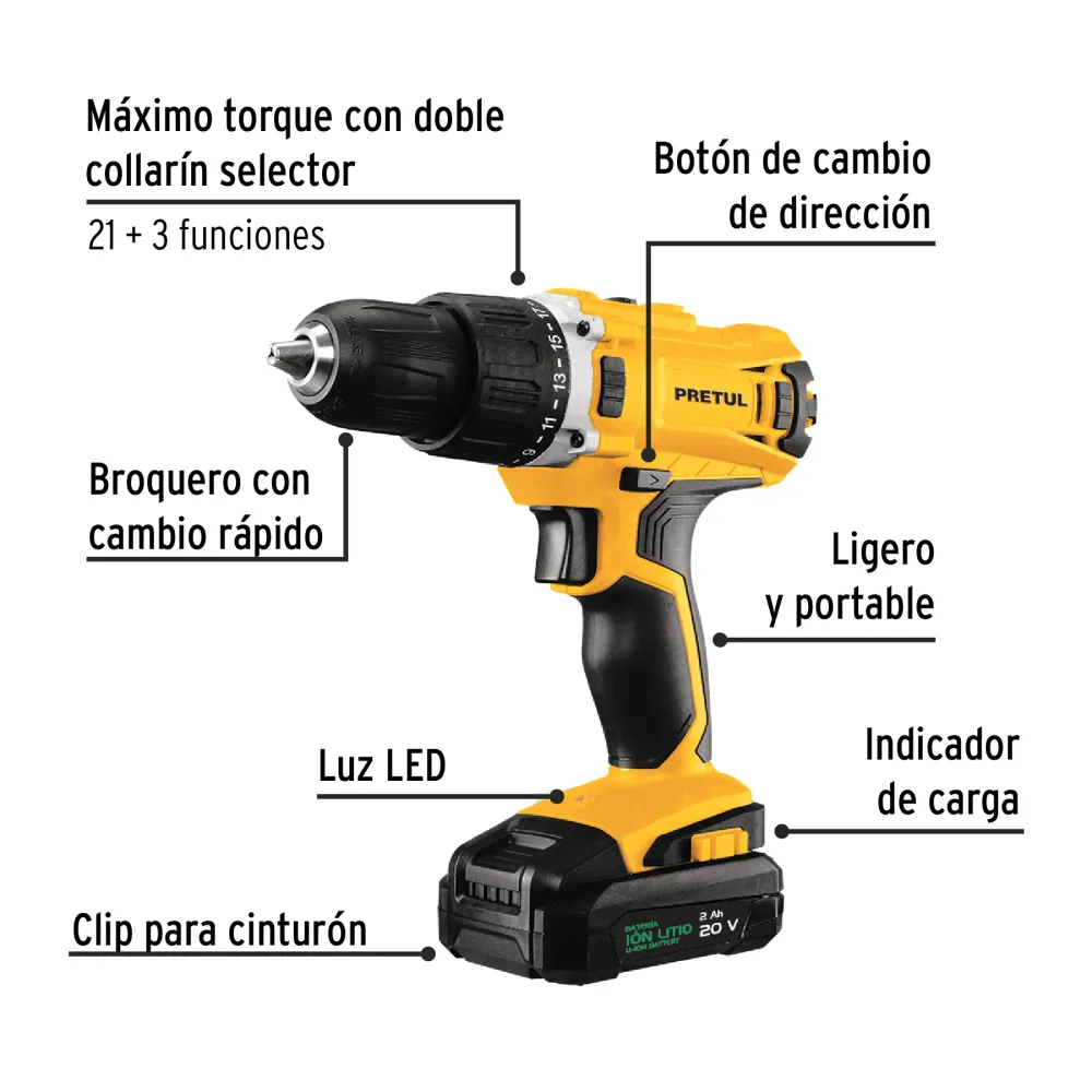 Kit taladro inalámbrico 1/2", 20V, 1 baterí 2Ah, 32 accesorios, Pretul