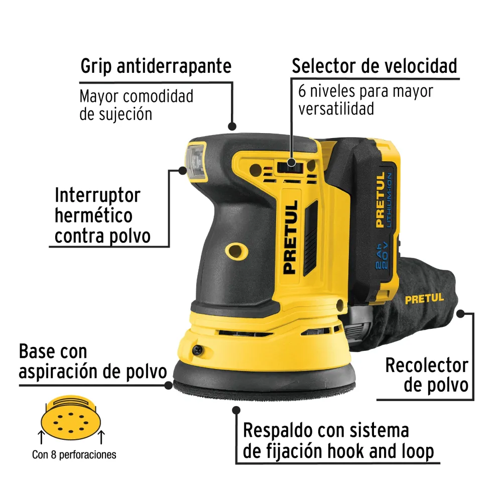 Lijadora roto-orbital inalámbrica 5", 20V, 1 baterí 2Ah, Pretul