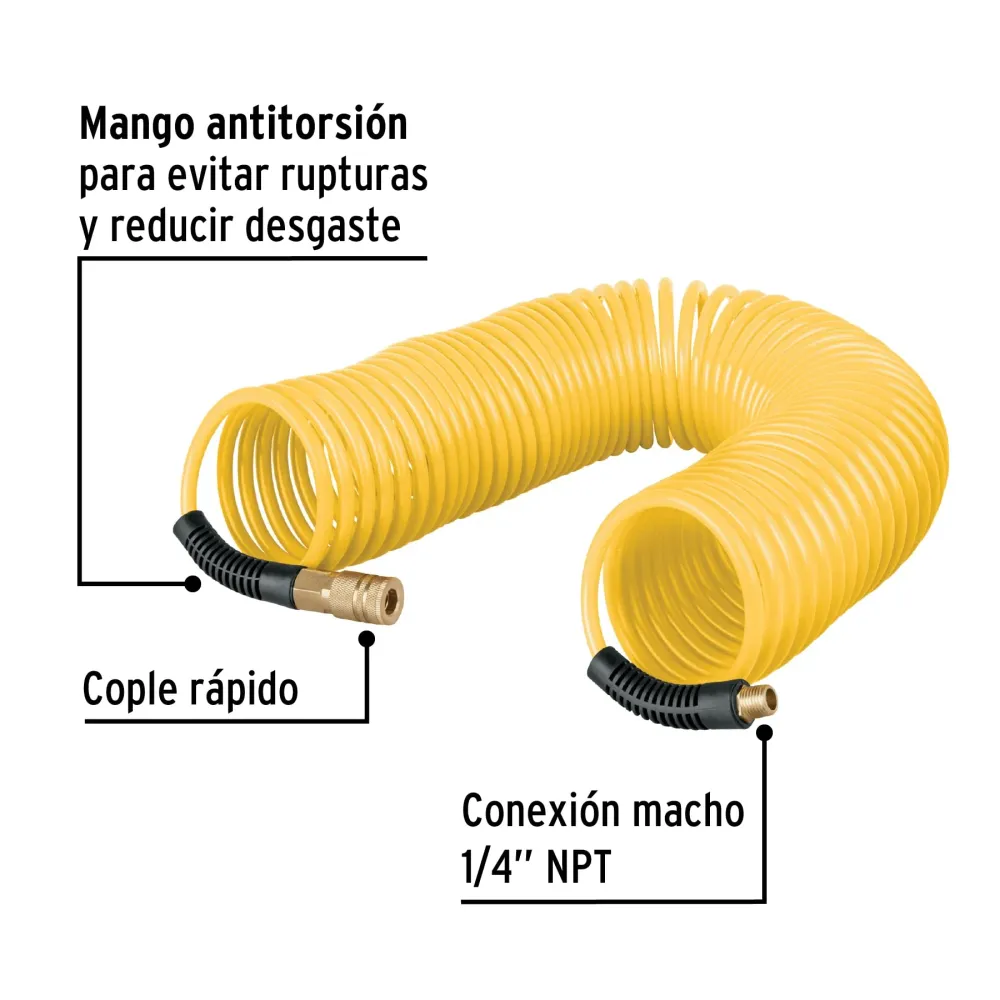 Manguera para compresor, tipo resorte, 7.6m x 1/4", Pretul