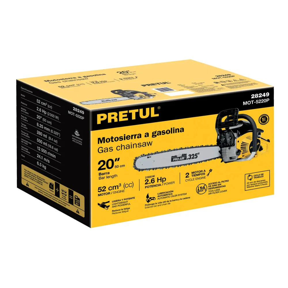 Motosierra 52 cc gasolina con barra de 20", Pretul