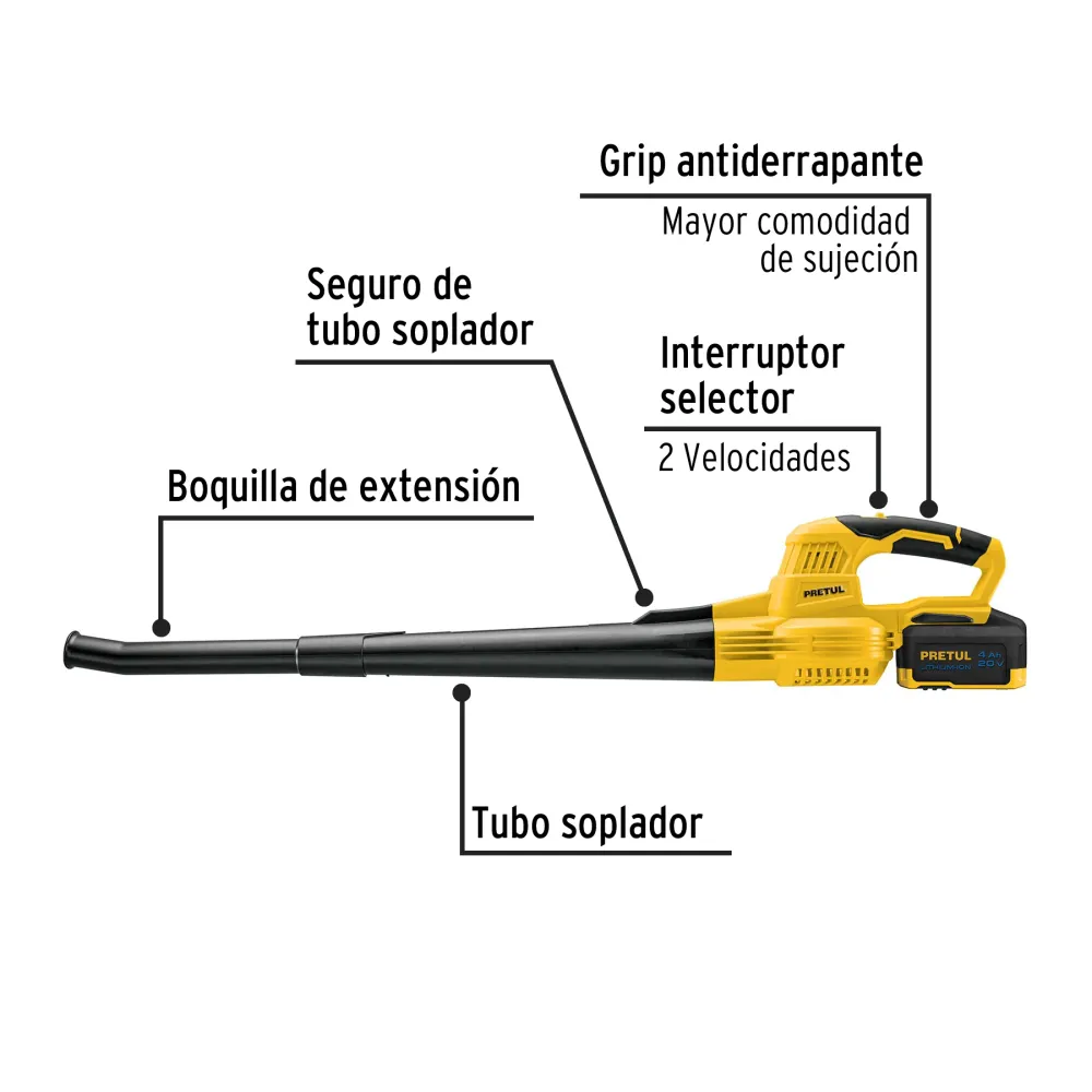 Sopladora inalámbrica 20V, 1 baterí 4Ah, 1 cargador Pretul