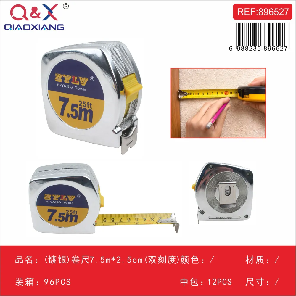 Cinta métrica cromada 7,5 m × 2,5 cm doble escala Q&X