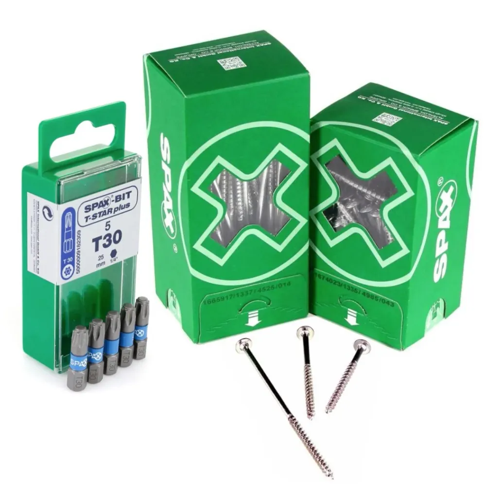 Juego SPAX BIT T-STAR plus T30 - 6,4 x 25 mm, 5 piezas (5000009182309) + tornillo con cabeza de arandela HI.FORCE 6,0 x 12...