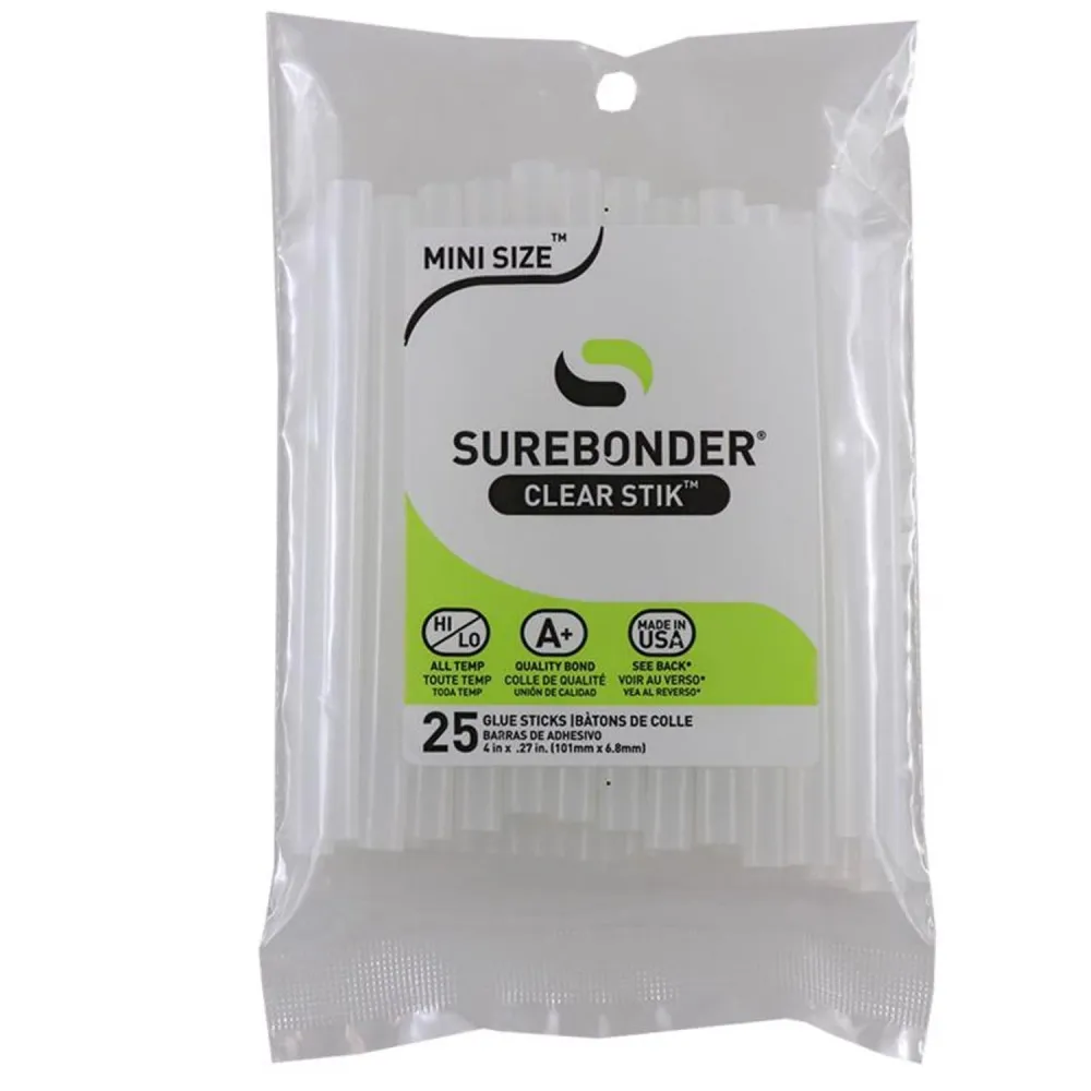 Surebonder - Minibarras de pegamento transparentes multiusos de 0,27 pulg. de diámetro x 4 pulg. de largo, paquete de 25 (...