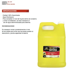 AGUA ELECTROPURA PARA BATERIA - 1 GALON - 1 GALON TOTAL RACING