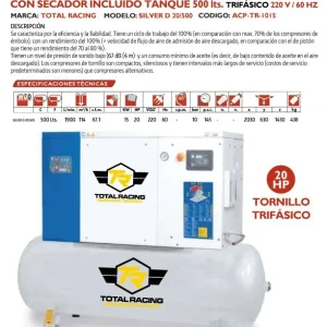 COMPRESOR DE AIRE TORNILLO 20 HP 500 LITROS 220V 3F TOTAL RACING
