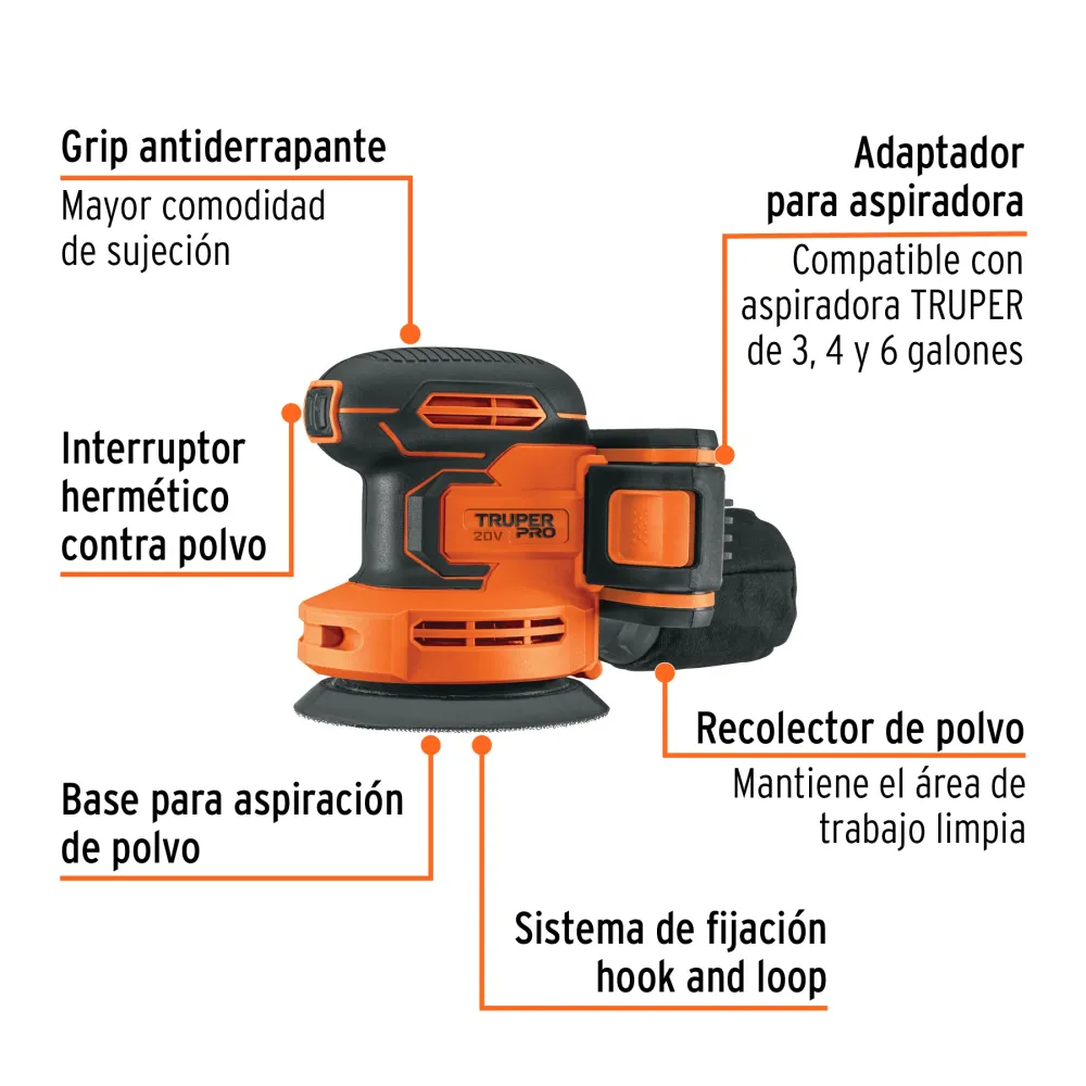 102863 LIRI-20A Lijadora roto-orbital 5', 20V, 1 baterÌ 2Ah, PRO Truper
