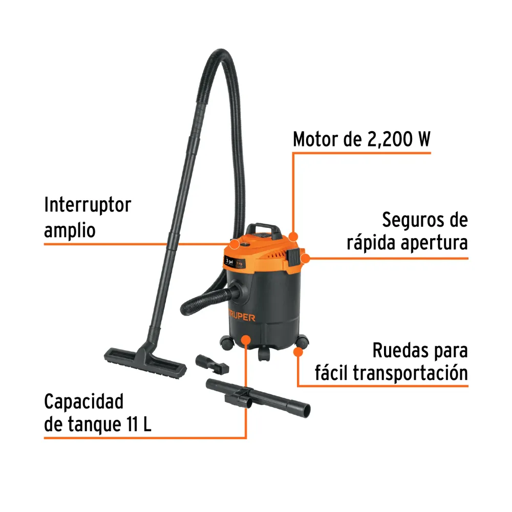 Aspiradora de sólidos y líquidos, 3 gal, plástica, negra Truper
