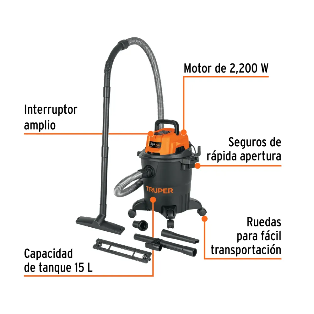 Aspiradora de sólidos y líquidos, 4 gal, plástica, negra Truper