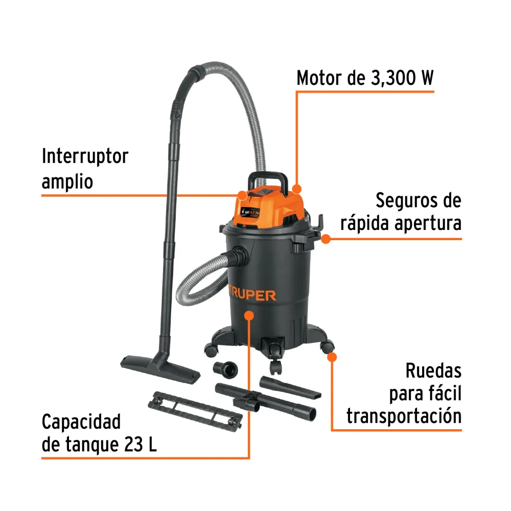 Aspiradora de sólidos y líquidos, 6 gal, plástica, negra Truper