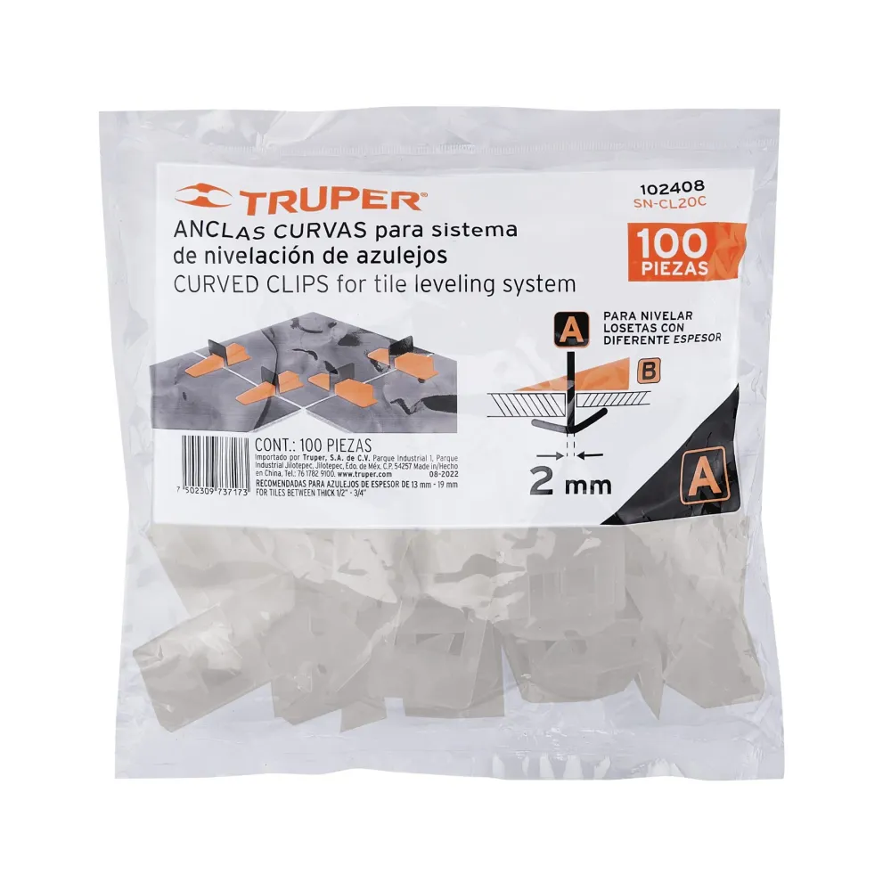 Bolsa con 100 anclas curvas de 2mm para nivelación de azulejos Truper
