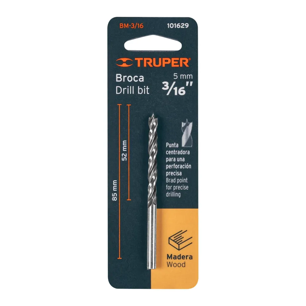 Broca con punta centradora para madera 3/16", Truper