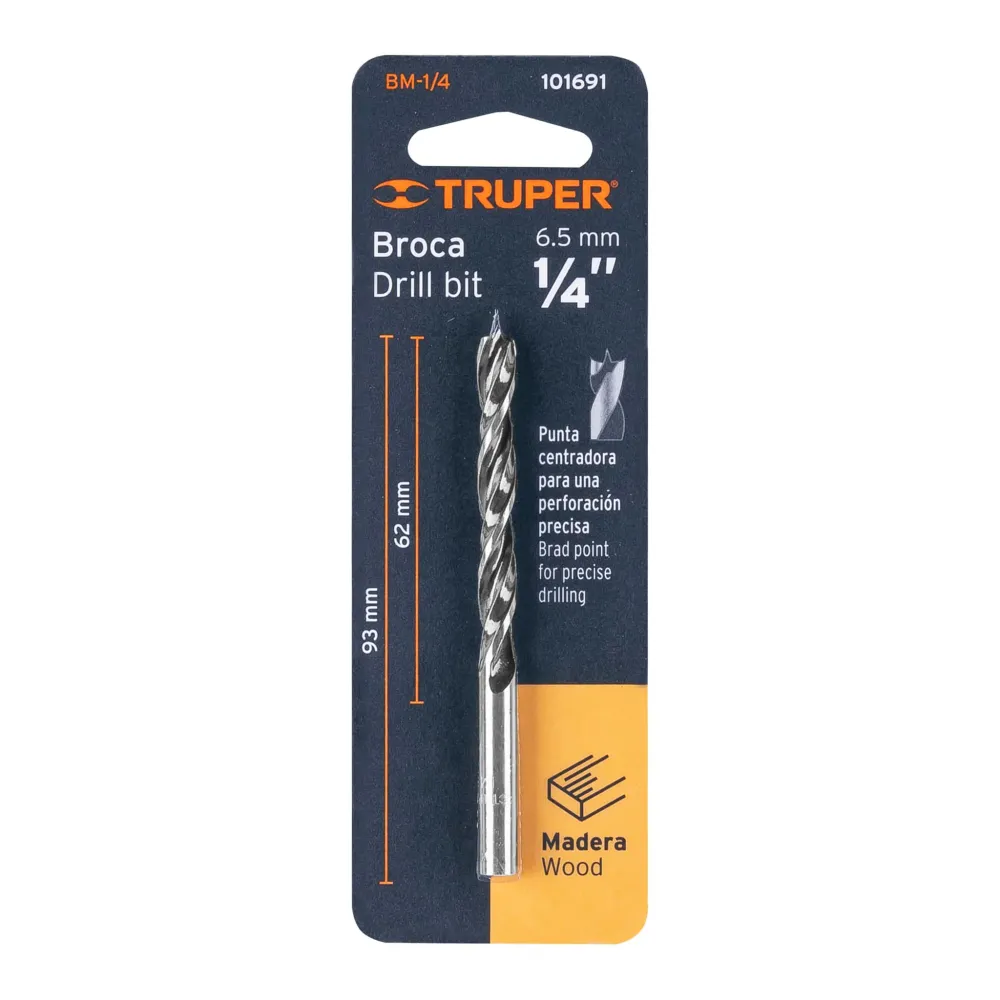 Broca con punta centradora para madera 1/4", truper BM-1/4