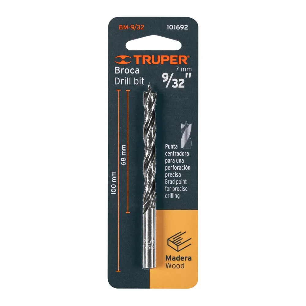 Broca con punta centradora para madera 9/32", Truper