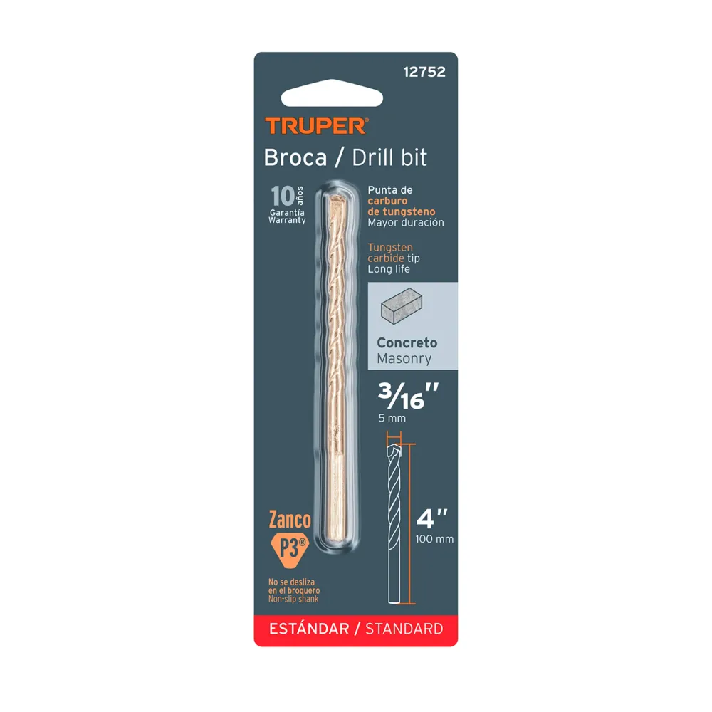 Broca para concreto de 3/16 x 4" en blíster, truper BCT-3/16X4-B