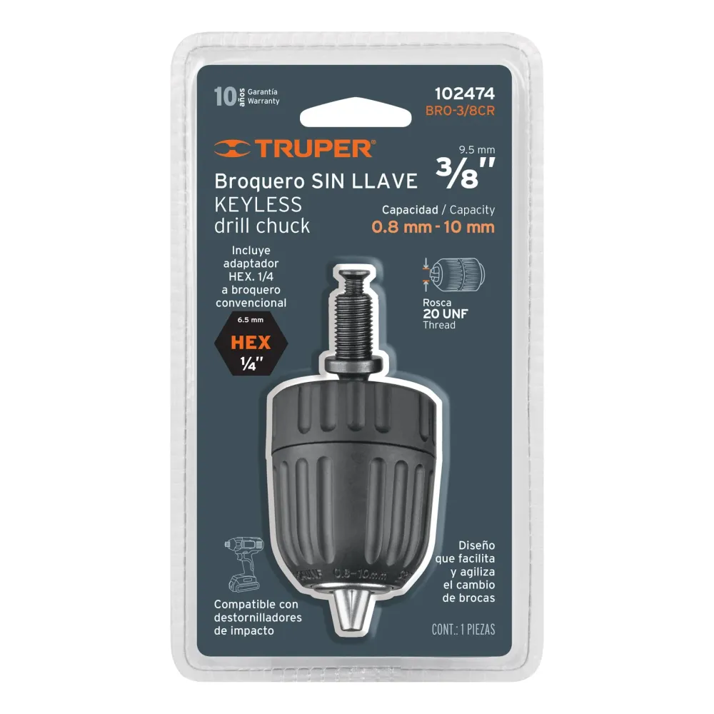 Broquero 3/8" s/llave, con adaptador Hex 1/4" para destornillador Truper