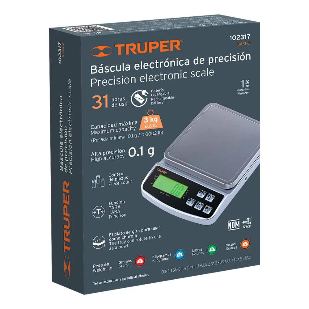 Báscula electrónica de precisión, recargable, 3 kg, Truper