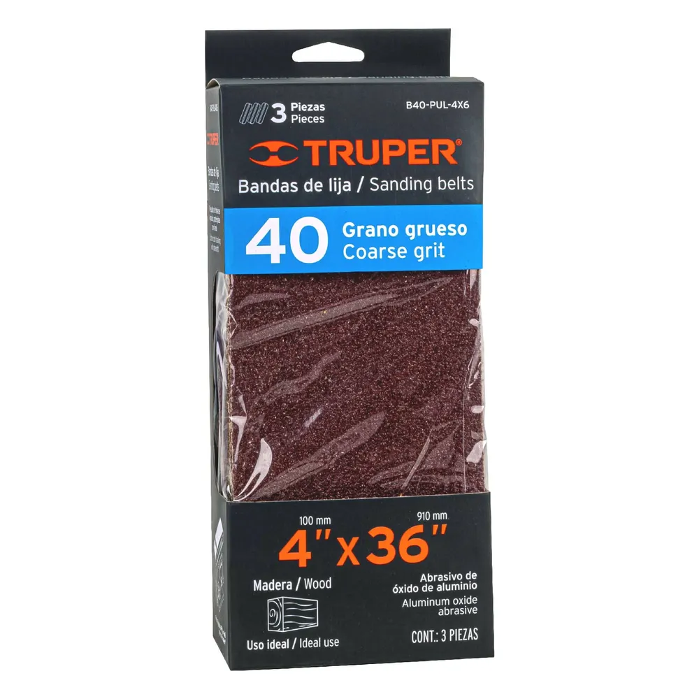 Caja con 3 bandas de lija 4" x 36" grano 40 para PUL 4x6 Truper