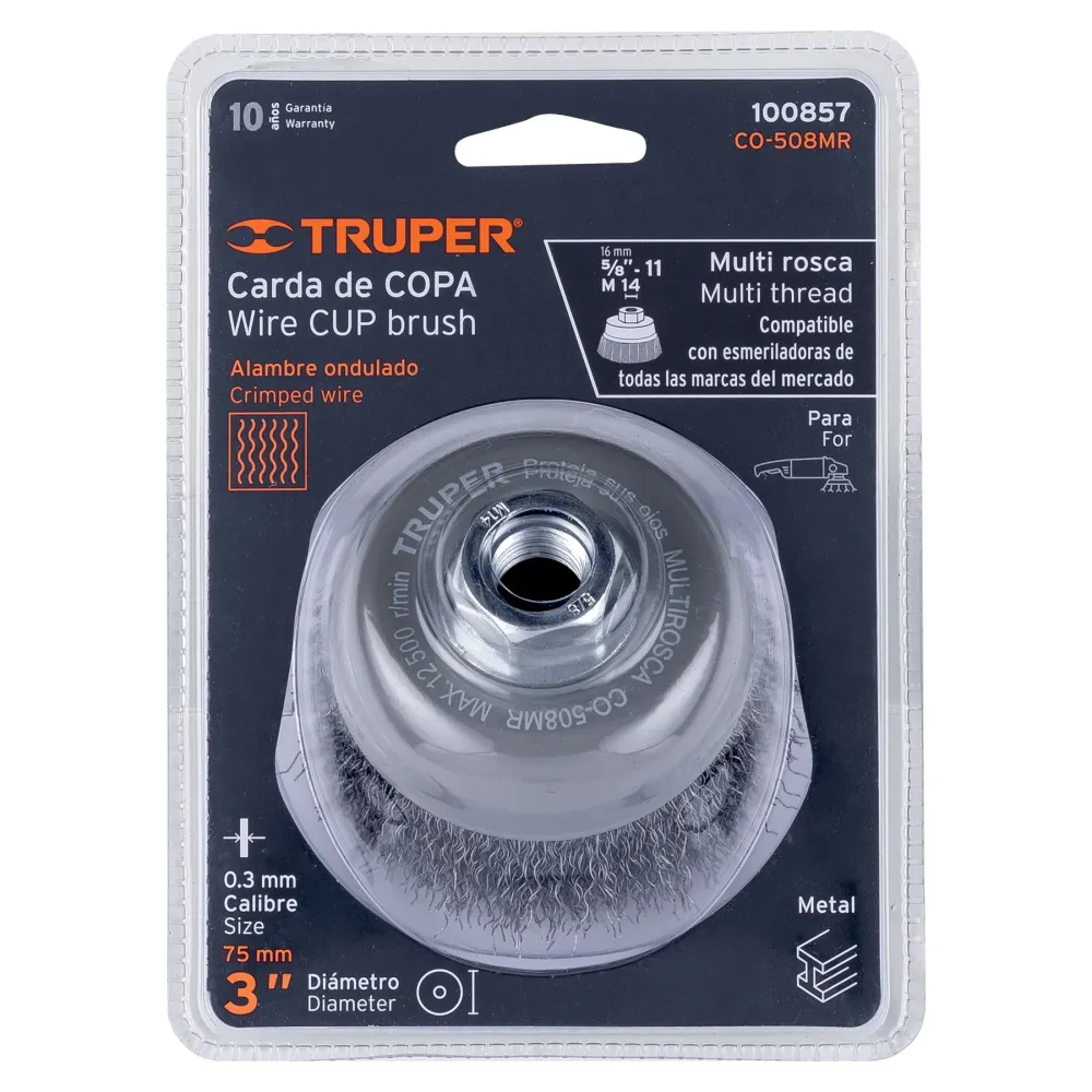Carda copa 3" alambre ondulado fino, multi rosca, Truper