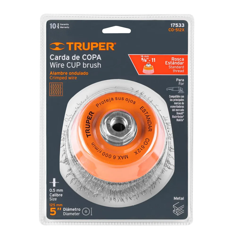 Carda copa 5" alambre ondulado grueso, eje 5/8"-11, Truper