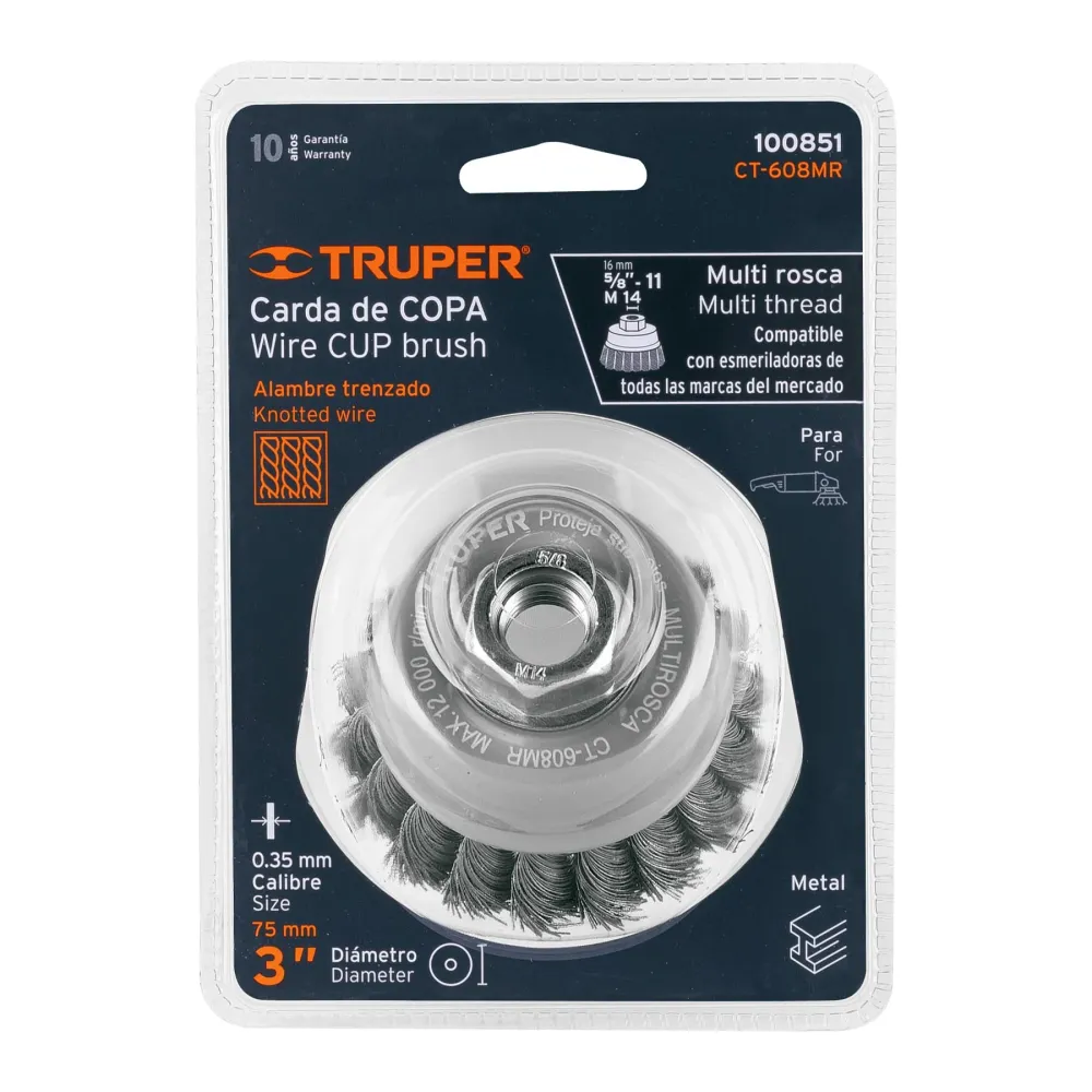 Carda copa 3" alambre trenzado fino, multi rosca, Truper