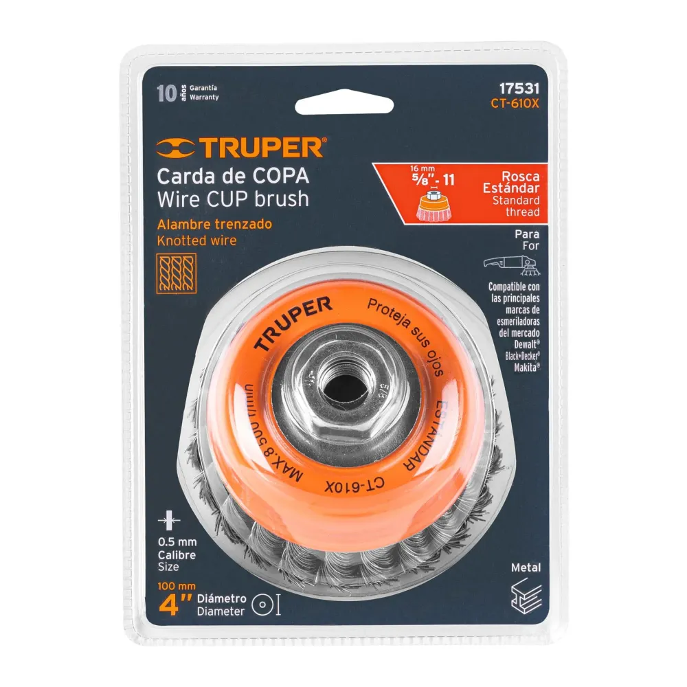 Carda copa 4" alambre trenzado grueso, eje 5/8"-11, Truper