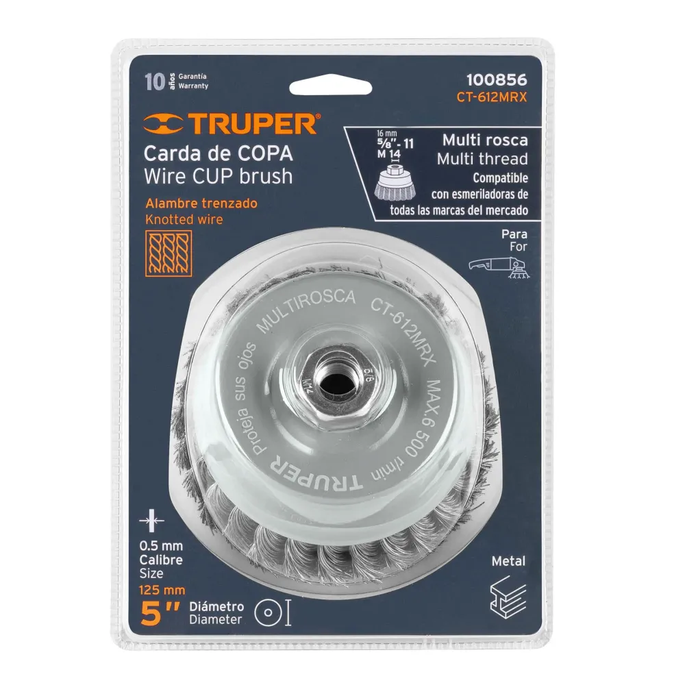 Carda copa 5" alambre trenzado grueso, multi rosca, Truper