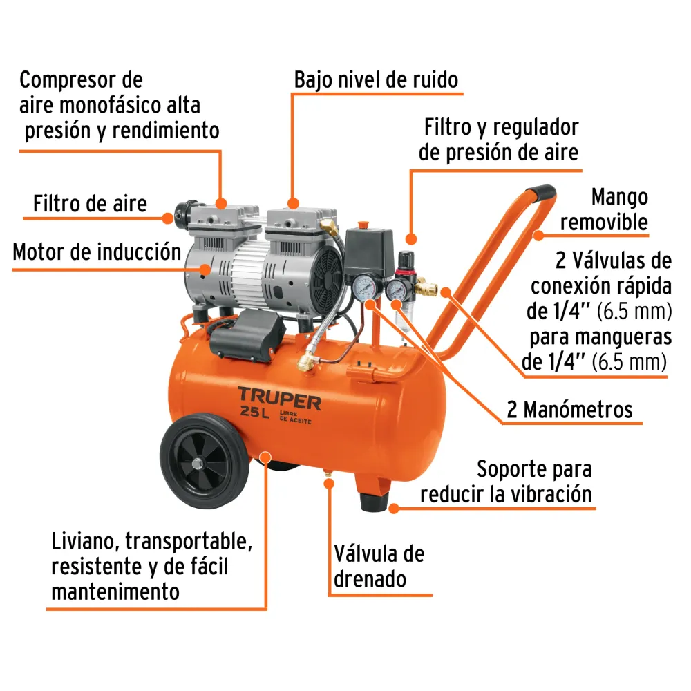 Compresor de aire, silencioso libre de aceite, 25 L, 2 HP Truper