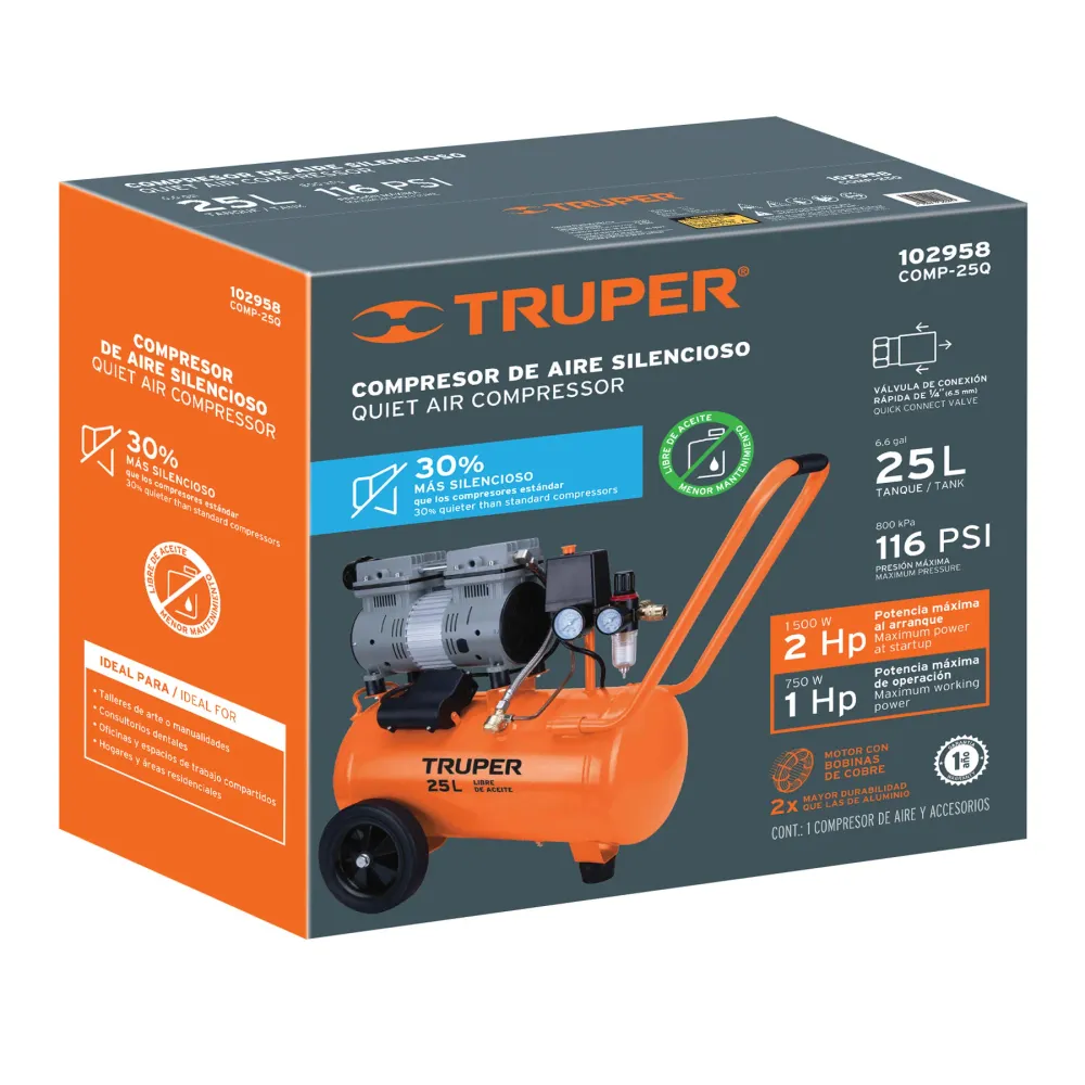 Compresor de aire, silencioso libre de aceite, 25 L, 2 HP Truper