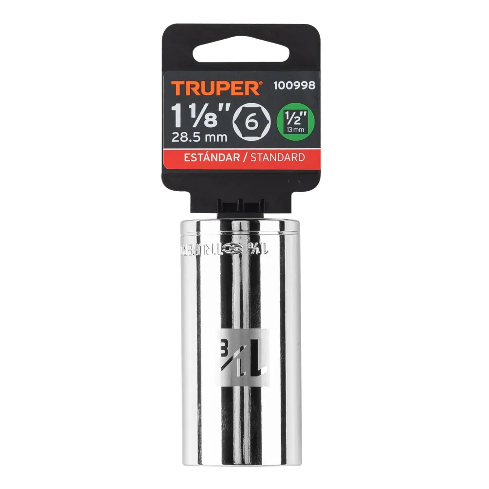 Dado largo de 1-1/8", 6 puntas, cuadro 1/2", Truper