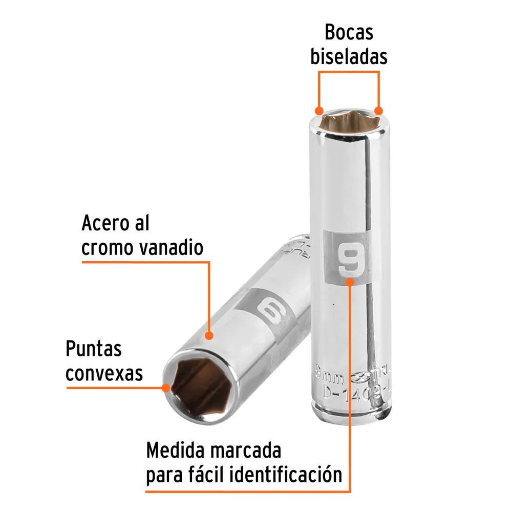 Dado largo de 9 mm, 6 puntas, cuadro 1/4", Truper