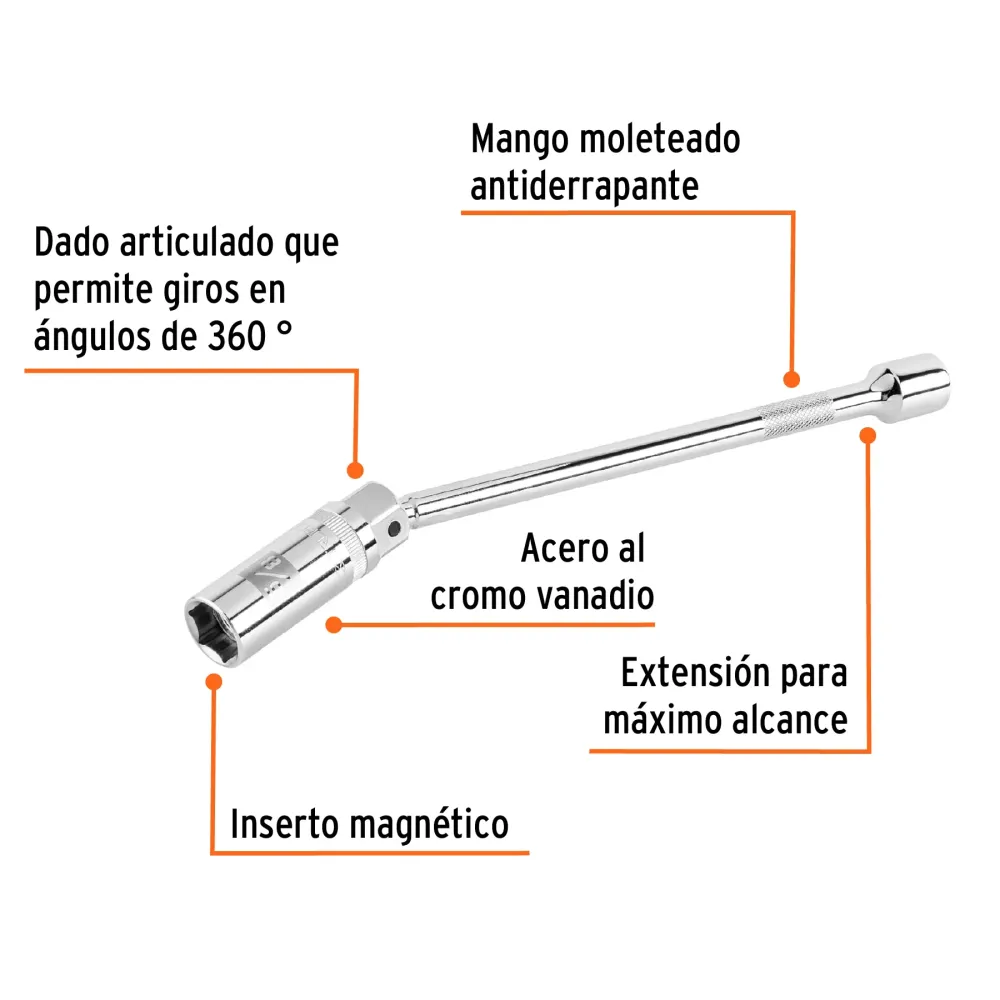 Dado para bujías cuadro 3/8" articulado 5/8", extensión 10" Truper