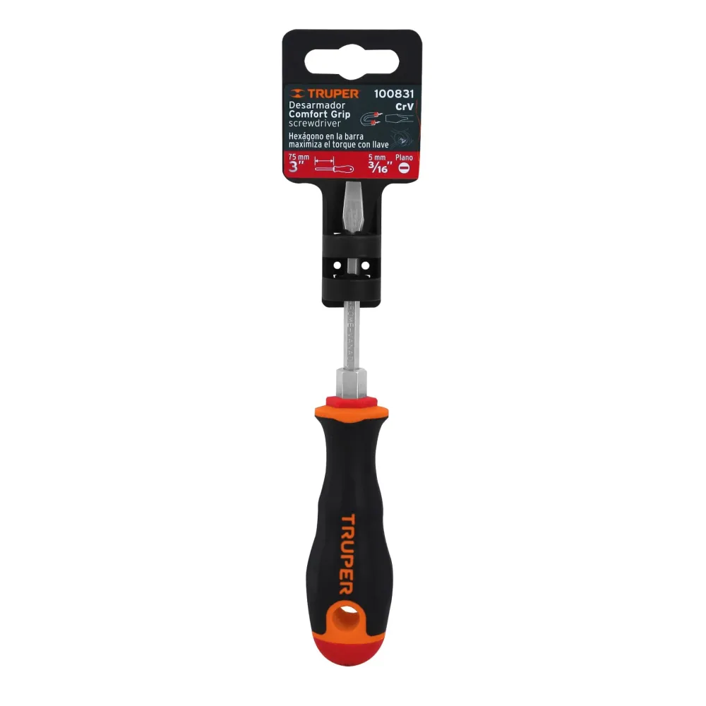 Desarmador plano 3/16" x 3" mango Comfort Grip, Truper