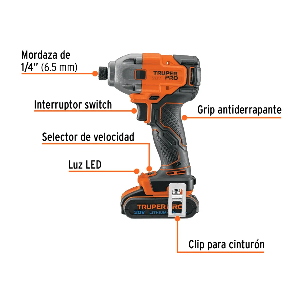 Destornillador de impacto inalámbrico 1/4", 20V, 1 baterí 2Ah, PRO Truper