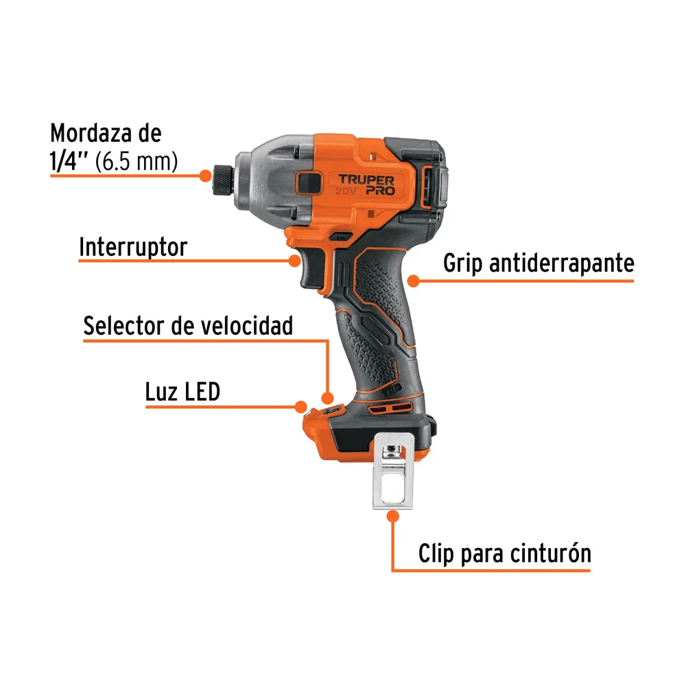 Destornillador de impacto inalámbrico 1/4", 20V, sin accesorios, PRO Truper