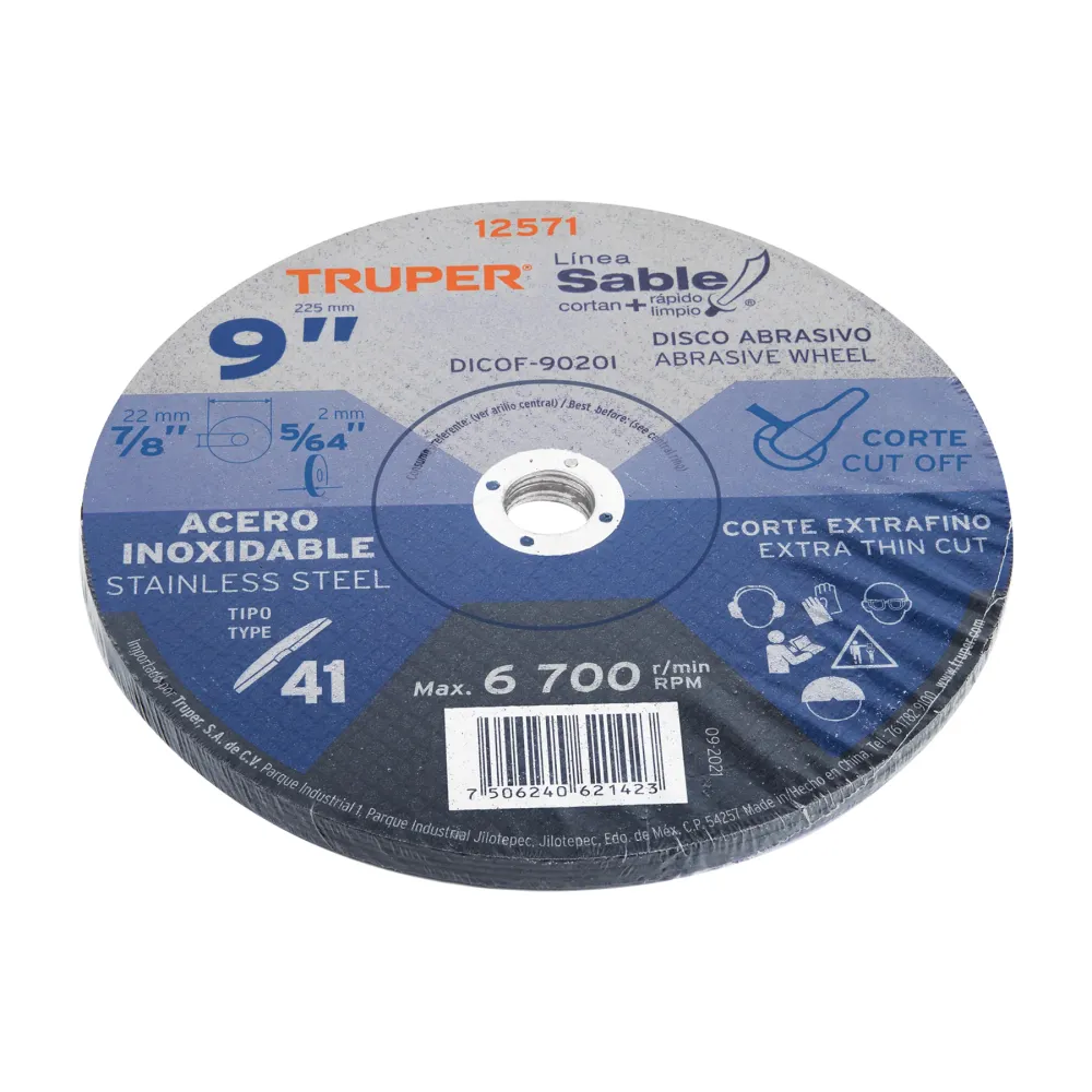 Disco Tipo 41 de 9" x 2 mm corte fino acero inoxidable Sable Truper