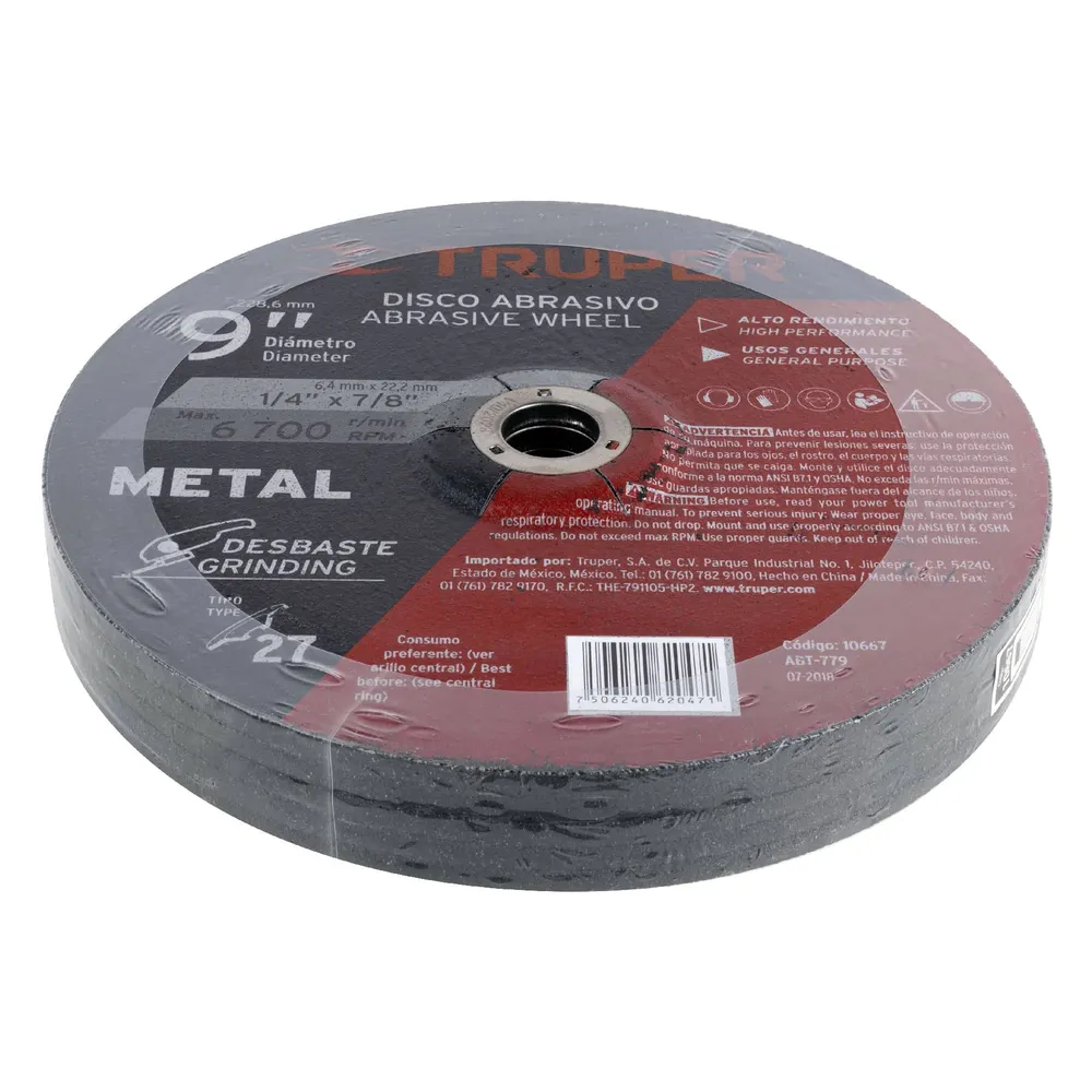Disco Tipo 27 de 9" x 6.4 mm para desbaste de metal, Truper
