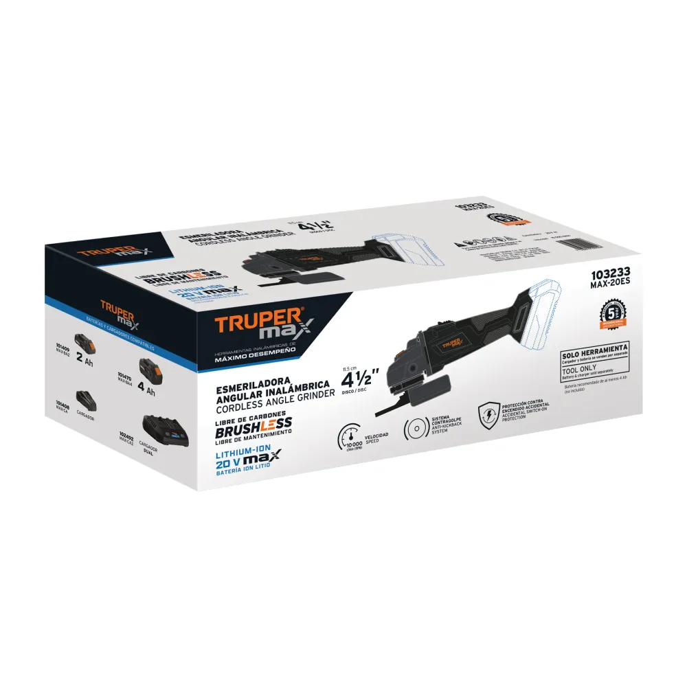 Esmeriladora inalámbrica 4-1/2", 20V, sin accesorios, MAX Truper