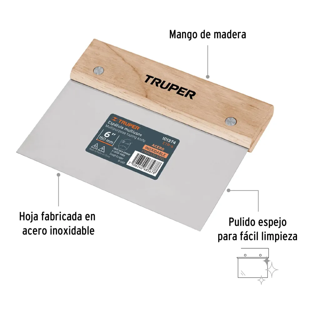 Espátula rectangular 6" x 3" acero inoxidable, mango madera Truper