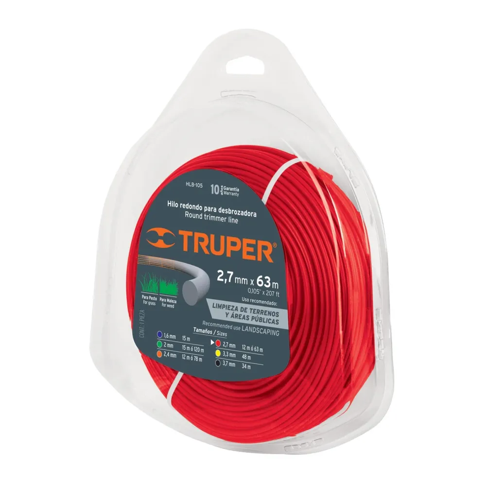 Hilo redondo, para desbrozadora, 2.7mmx63m tarjeta tipo carrete Truper