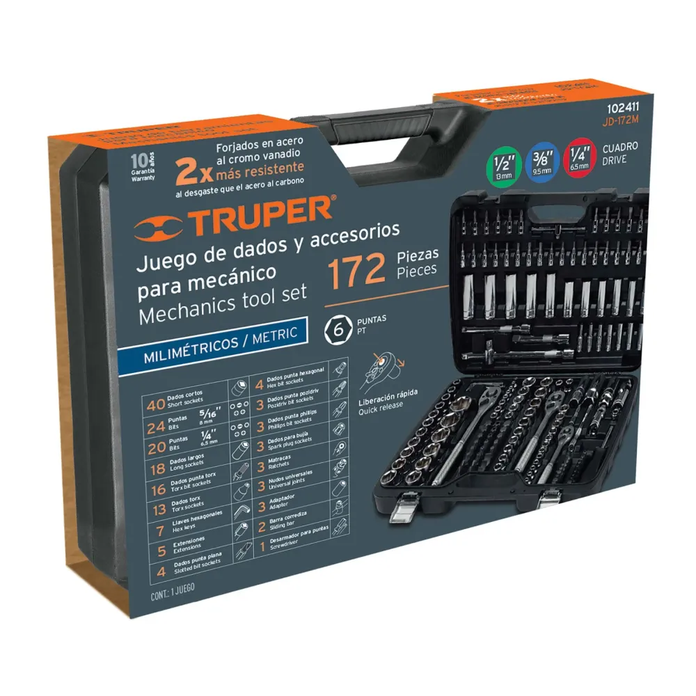 Juego de 172 herramientas 1/4", 3/8" y 1/2" mm para mecánico Truper