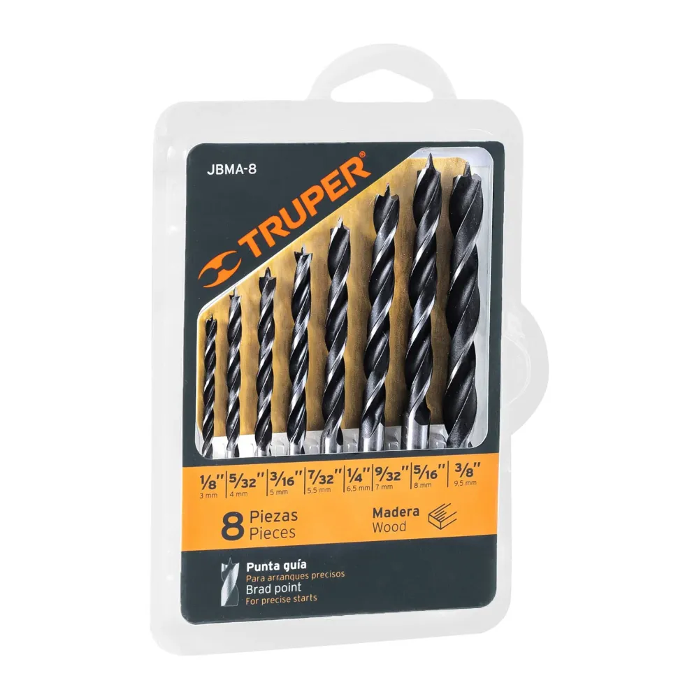Juego de 8 brocas con punta centradora para madera, truper JBMA-8